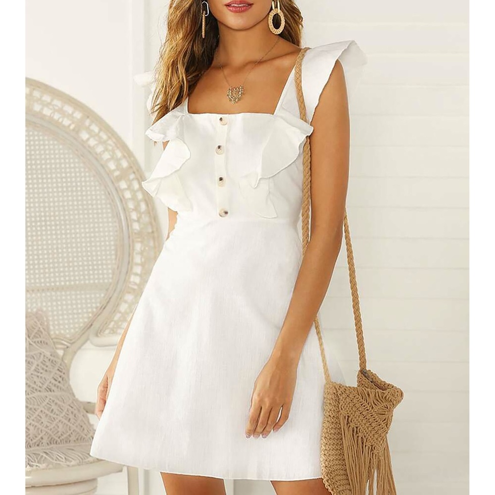 White Ruffle Sleeve Fit & Flare Summer Short Dress - Picture 4 of 10